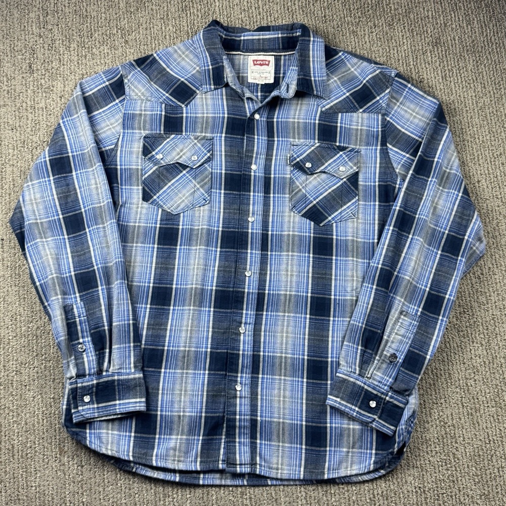Levis Mens L Pearl Snap Shirt Long Sleeve Blue Plaid Western Cowboy